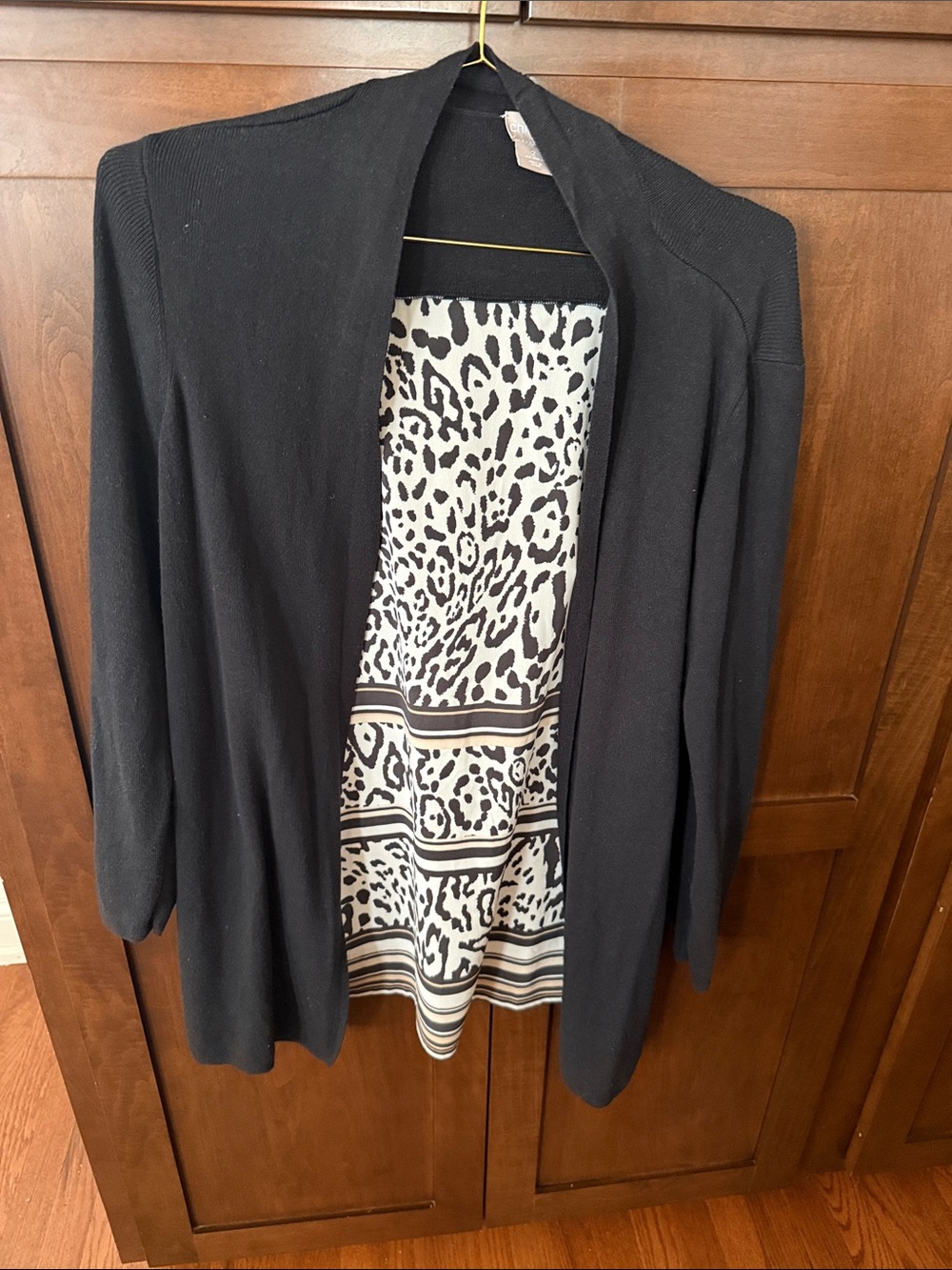 Chico's Black Open-Front Cardigan with Leopard-Print Lining